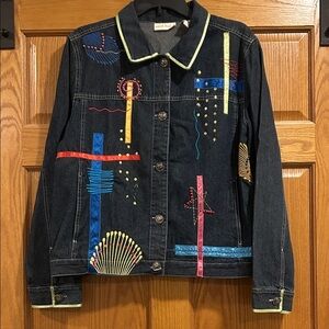 Marsh Landing Vintage Embellished Black Denim Jacket with Neon Trim Size Large